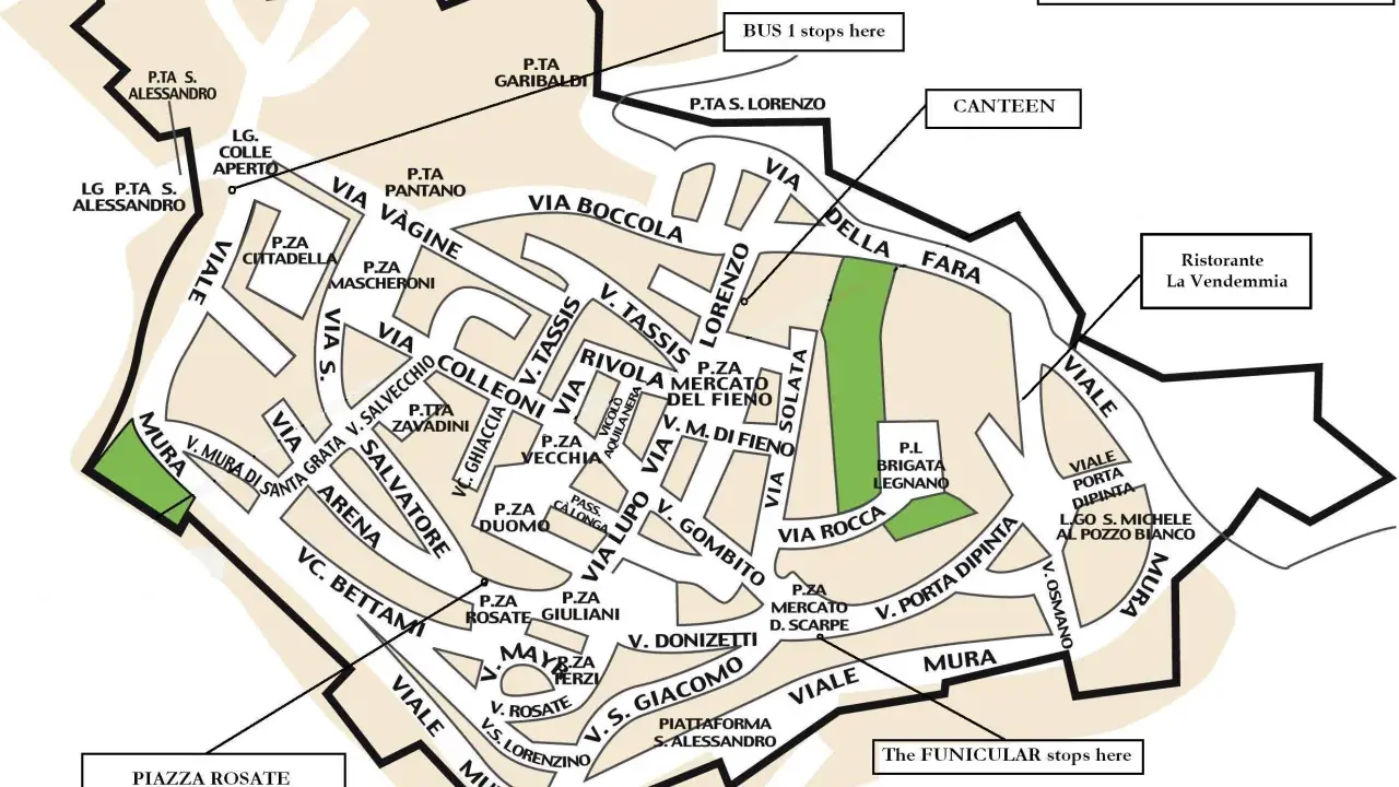 Mapa Citta Alta w Bergamo, z zaznaczonymi ulicami, placami i zabytkami.