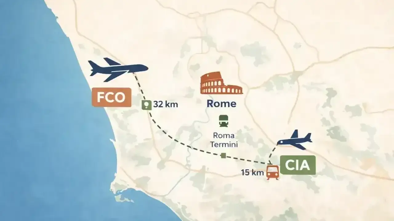 Mapa pokazuje lotnisko Fiumicino (FCO) 32 km od Rzymu, z Koloseum i dworcem Roma Termini, oraz lotnisko Ciampino (CIA) 15 km od dworca.