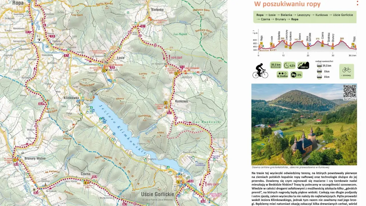 Trasa rowerowa "W poszukiwaniu ropy" przez malowniczy Beskid Niski, z widokiem na cerkiew w Kunkowej.