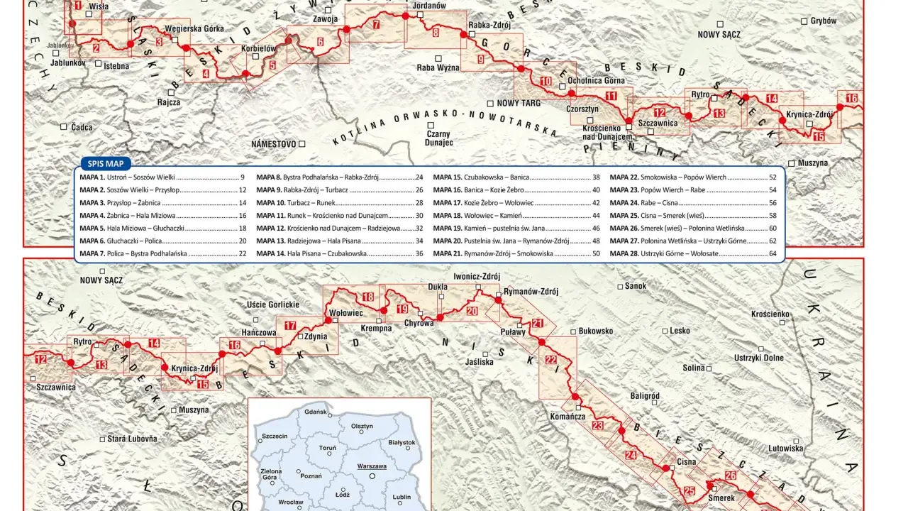Mapa szlaku Głównego Szlaku Beskidzkiego z zaznaczonymi odcinkami i miejscowościami.