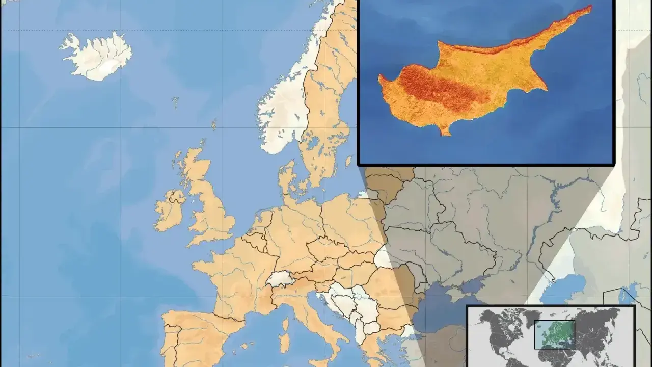 Mapa Europy z zaznaczonym Cyprem. Czy Cypr jest w Europie? Tak, jest to wyspa na Morzu Śródziemnym, blisko Azji Mniejszej.