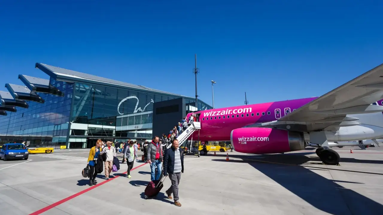 Pasażerowie wsiadają do różowego samolotu Wizz Air na jednym z portów lotniczych w Polsce.