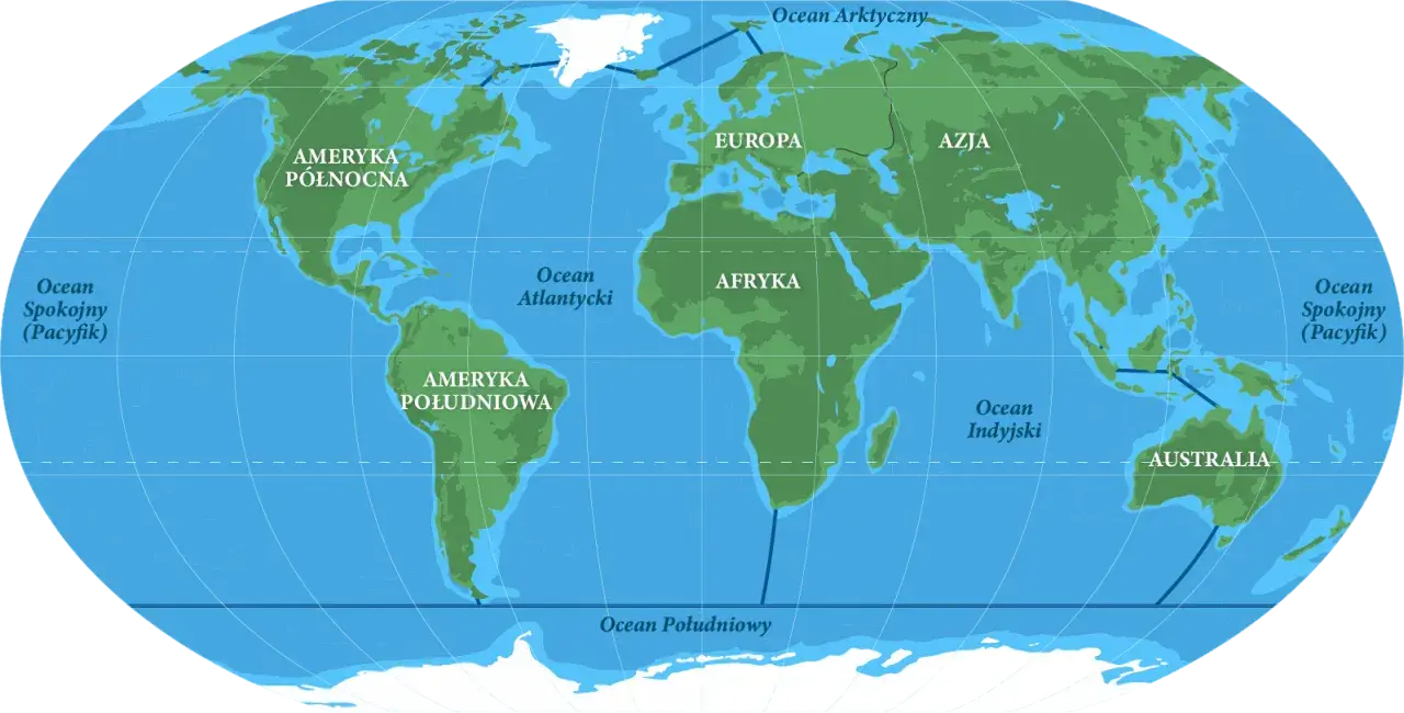 Mapa świata z zaznaczonymi kontynentami i oceanami: Spokojnym, Atlantyckim, Indyjskim, Południowym i Arktycznym.