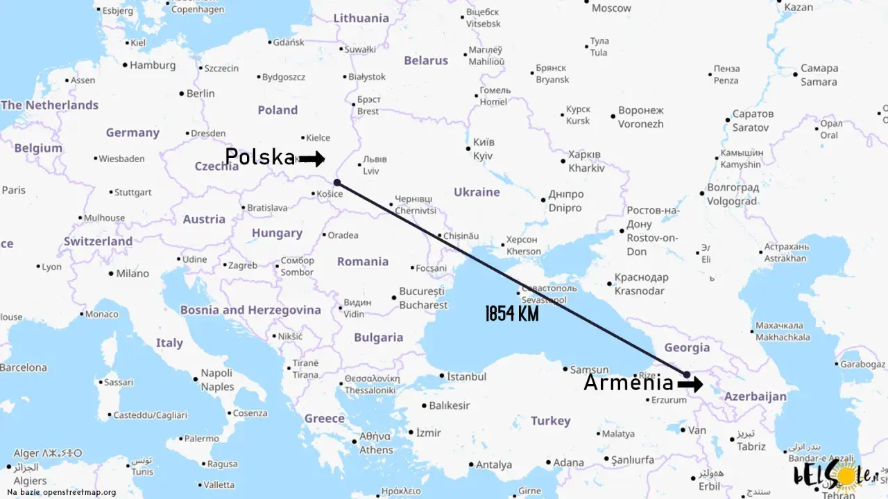 Mapa pokazuje odległość 1854 km z Polski do Armenii, sugerując, że Armenia nie jest w Europie.