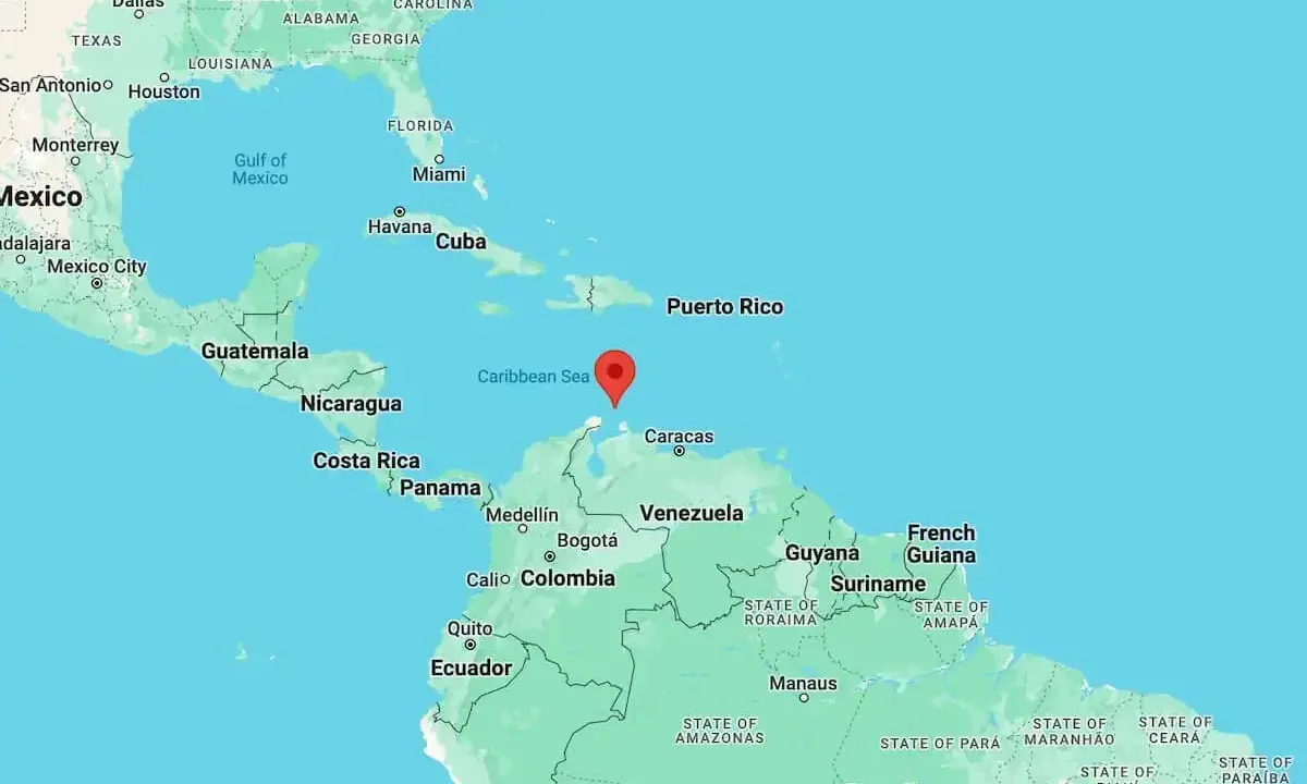 Aruba, gdzie jest? Mapa Karaibów pokazuje wyspę na północ od Wenezueli, na wschód od Kolumbii.
