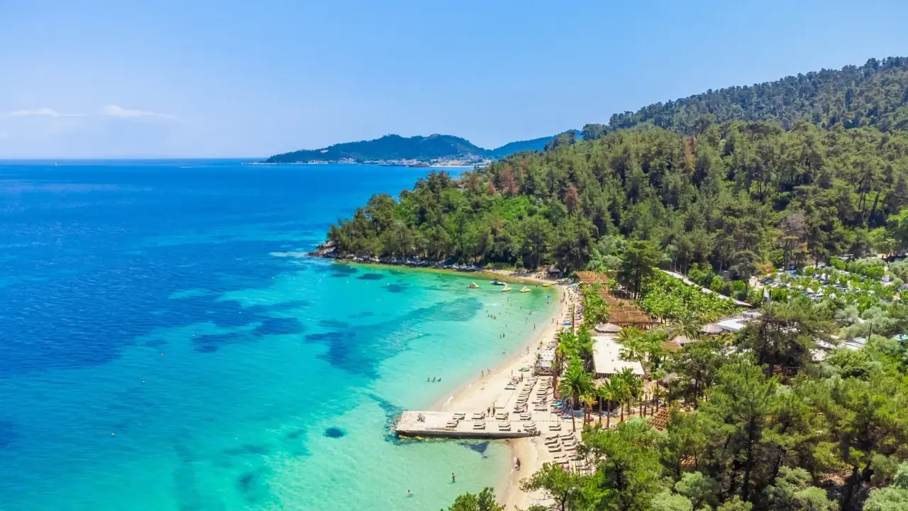 Malownicza plaża z turkusową wodą i sosnowym lasem. Idealne miejsce na relaks i odkrywanie atrakcji Thassos.