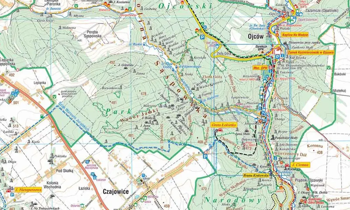 Mapa turystyczna Ojcowski Park Narodowy. Gdzie zacząć? Szlak Warowni Jurajskich, Grota Łokietka, Zamek Kazimierzowski.