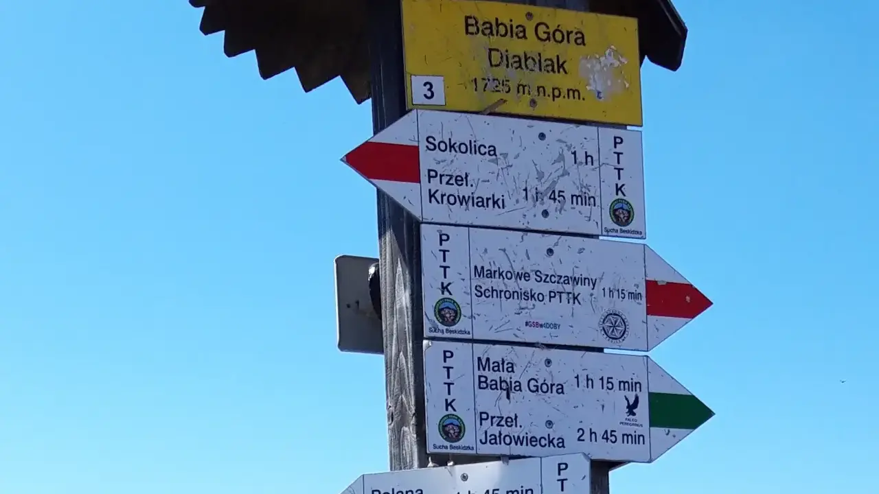 Rozdroże szlaków na Babiej Górze. Widać drogowskazy na Diablak, Sokolicę, Markowe Szczawiny i Małą Babią Górę. To może być najłatwiejszy szlak na Babią Górę.