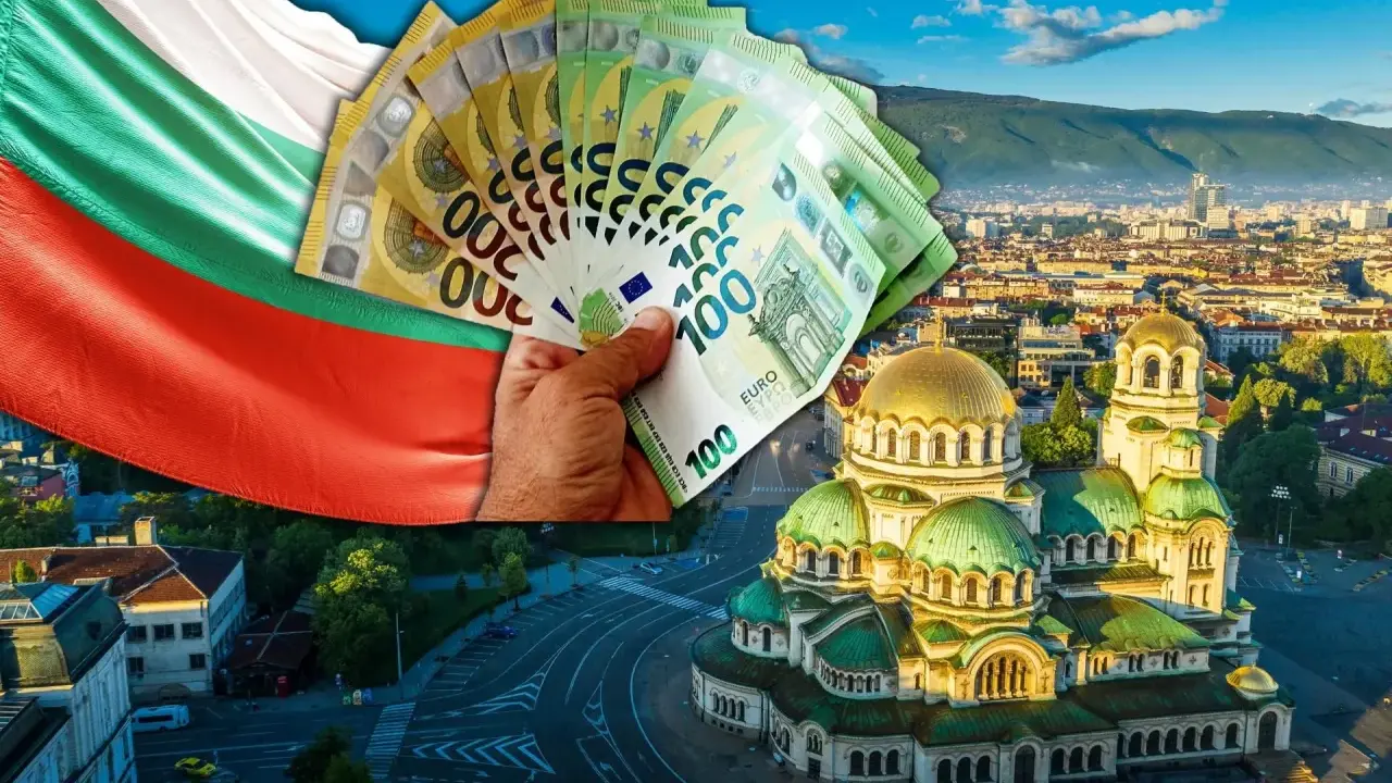 Bułgarska flaga, ręka trzymająca eurobanknoty i widok na cerkiew Aleksandra Newskiego w Sofii.