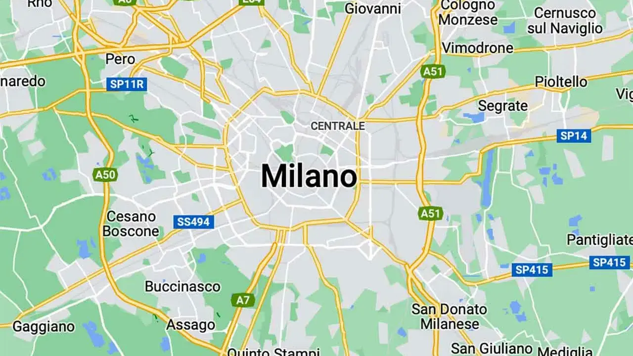 Mapa pokazuje, gdzie jest Mediolan, otoczony przez miasta takie jak Pero, Cesano Boscone i Sesto San Giovanni.