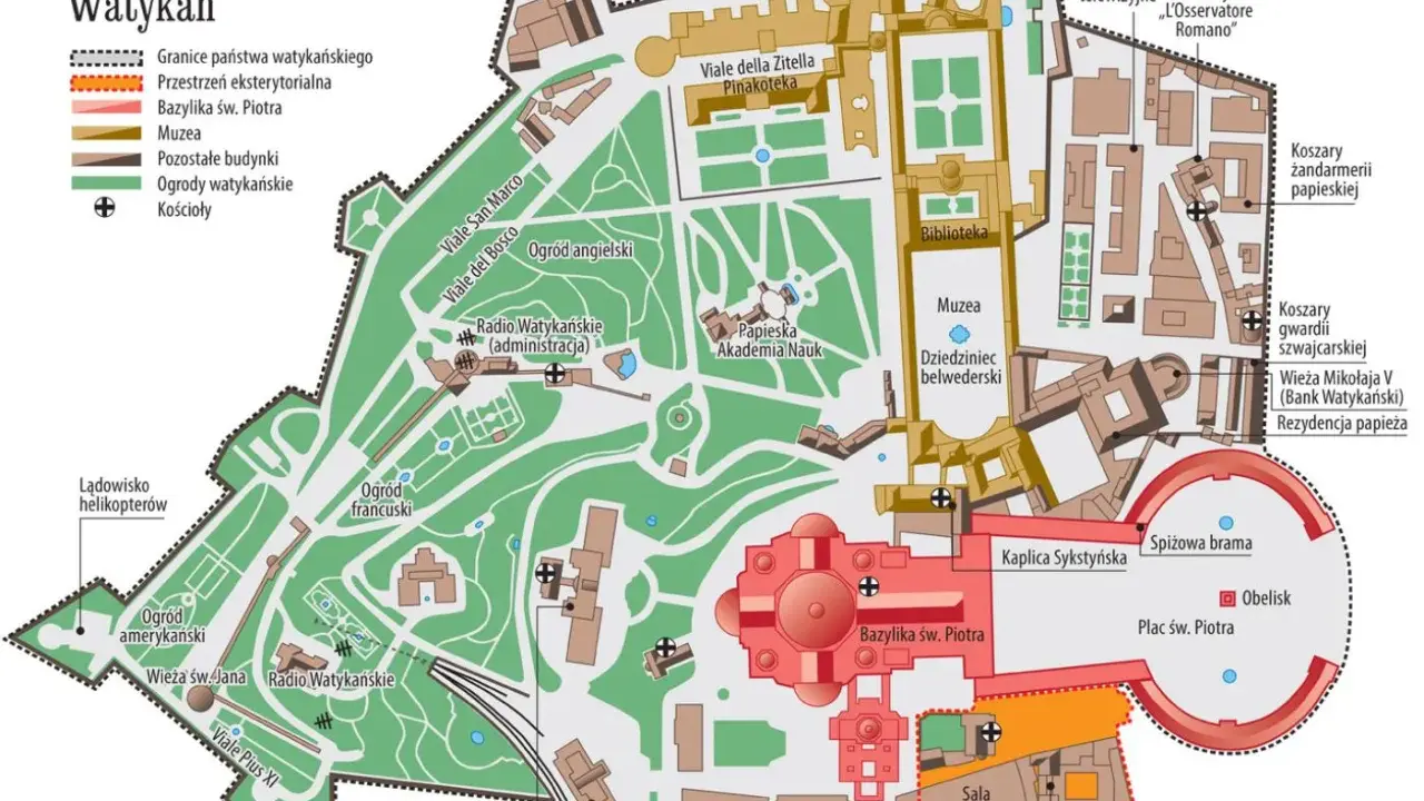 Mapa Watykanu, pokazująca granice państwa, bazylikę, muzea i ogrody. Czy Watykan to państwo? Tak, ta mapa to dowód!
