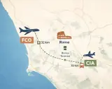 Mapa pokazuje lotnisko Fiumicino (FCO) 32 km od Rzymu, z Koloseum i dworcem Roma Termini, oraz lotnisko Ciampino (CIA) 15 km od dworca.