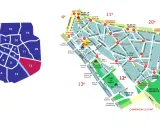 Mapa Paryża z zaznaczonymi dzielnicami (arrondissements). Informacje o Paryżu, w tym nazwy ulic i parków, są widoczne na mapie.