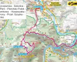 Mapa turystyczna Pienin z zaznaczonymi szlakami i trasami, w tym szczyty Trzy Korony i Sokolica.
