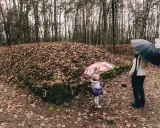 Dziecko i dorosły z parasolami zwiedzają tajemnicze piramidy kujawskie w lesie.