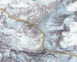Mapa topograficzna z zaznaczoną trasą na Mount Everest. Widoczne obozy, przełęcze i szczyty, w tym Lho-La Pass, Khumbu Icefall, South Summit, Lhotse.