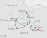 Mapa pokazuje trasę podróży przez Szwajcarię i Włochy, gdzie są Alpy. Odwiedzane miejsca to m.in. Lugano, St. Moritz, Mediolan, Werona i jeziora Garda, Iseo, Lugano.