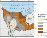 Mapa przedstawia etapy narastania delty Wisły, ukazując rozwój Żuław Wiślanych na przestrzeni tysięcy lat.