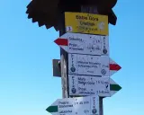 Rozdroże szlaków na Babiej Górze. Widać drogowskazy na Diablak, Sokolicę, Markowe Szczawiny i Małą Babią Górę. To może być najłatwiejszy szlak na Babią Górę.