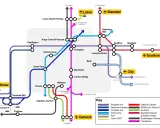 Mapa połączeń kolejowych z lotniskami w Anglii: Heathrow, Gatwick, Luton, Stansted, Southend.