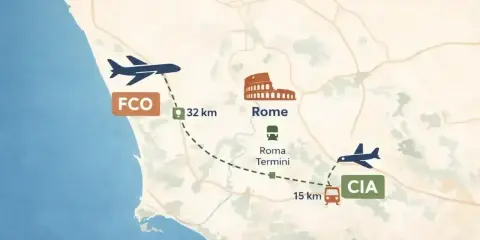 Mapa pokazuje lotnisko Fiumicino (FCO) 32 km od Rzymu, z Koloseum i dworcem Roma Termini, oraz lotnisko Ciampino (CIA) 15 km od dworca.