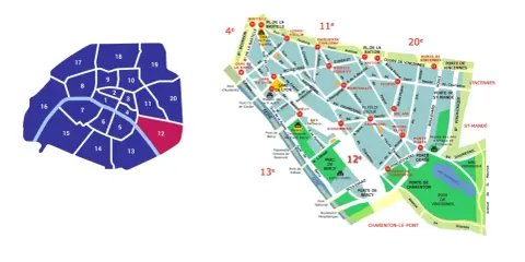 Mapa Paryża z zaznaczonymi dzielnicami (arrondissements). Informacje o Paryżu, w tym nazwy ulic i parków, są widoczne na mapie.