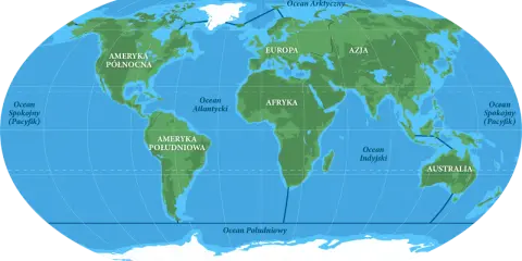 Mapa świata z zaznaczonymi kontynentami i oceanami: Spokojnym, Atlantyckim, Indyjskim, Południowym i Arktycznym.