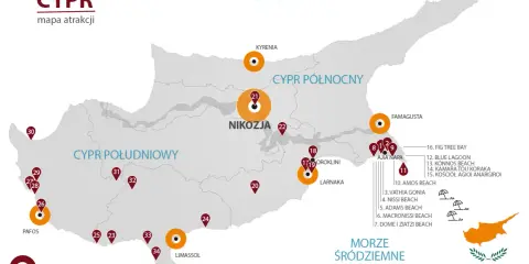 Mapa atrakcji Cypru, ukazująca jego geografię z zaznaczonymi miastami jak Nikozja, Pafos, Limassol i kurortami nad Morzem Śródziemnym.