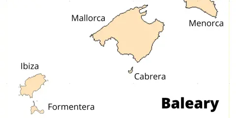 Mapa przedstawia Baleary: Majorkę, Minorkę, Ibizę, Formenterę i Cabrerę.