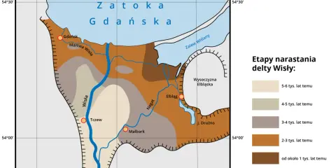 Mapa przedstawia etapy narastania delty Wisły, ukazując rozwój Żuław Wiślanych na przestrzeni tysięcy lat.