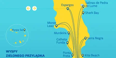 Mapa turystyczna Wyspy Sal, jednej z wysp Zielonego Przylądka, z zaznaczonymi atrakcjami: Espargos, Santa Maria, Kite Beach.