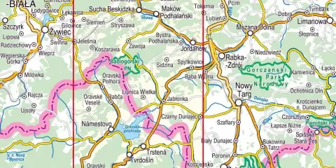 Mapa turystyczna z zaznaczonym szlakiem wokół Babiej Góry, obejmująca Beskid Żywiecki i Orawę.