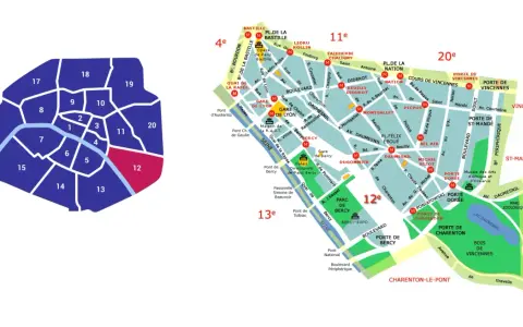 Mapa Paryża z zaznaczonymi dzielnicami (arrondissements). Informacje o Paryżu, w tym nazwy ulic i parków, są widoczne na mapie.