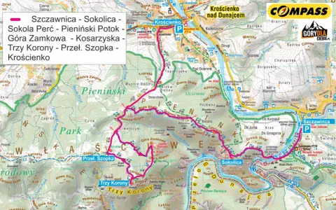 Mapa turystyczna Pienin z zaznaczonymi szlakami i trasami, w tym szczyty Trzy Korony i Sokolica.