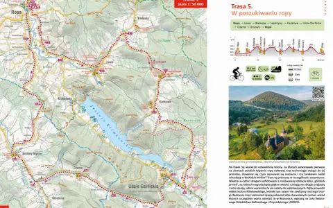 Trasa rowerowa "W poszukiwaniu ropy" przez malowniczy Beskid Niski, z widokiem na cerkiew w Kunkowej.