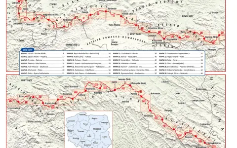 Mapa szlaku Głównego Szlaku Beskidzkiego z zaznaczonymi odcinkami i miejscowościami.