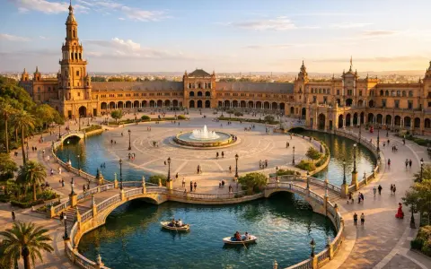 Zachód słońca nad Plaza de España w Sewilli. Ludzie pływają łódkami po kanale, a w tle widać wspaniałą architekturę. To piękne sevilla miasto.