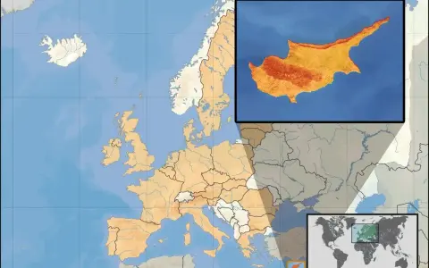 Mapa Europy z zaznaczonym Cyprem. Czy Cypr jest w Europie? Tak, jest to wyspa na Morzu Śródziemnym, blisko Azji Mniejszej.