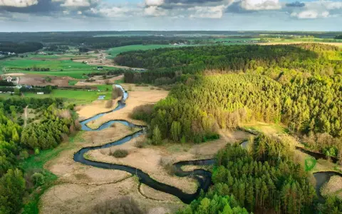 Malowniczy krajobraz z krętą rzeką, lasami i polami, ukazujący piękno parków krajobrazowych w Polsce.