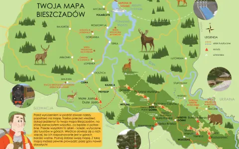 Mapa Bieszczadów z zaznaczonymi szlakami, szczytami, schroniskami, jeziorami i zwierzętami.