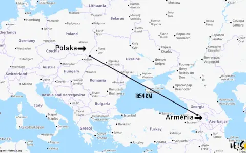 Mapa pokazuje odległość 1854 km z Polski do Armenii, sugerując, że Armenia nie jest w Europie.