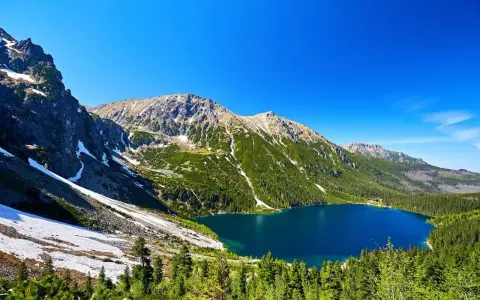 Malowniczy widok na Morskie Oko, idealne miejsce na górską trasę. Błękitne jezioro otoczone zielonymi lasami i skalistymi szczytami Tatr.