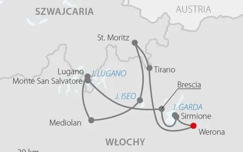 Mapa pokazuje trasę podróży przez Szwajcarię i Włochy, gdzie są Alpy. Odwiedzane miejsca to m.in. Lugano, St. Moritz, Mediolan, Werona i jeziora Garda, Iseo, Lugano.
