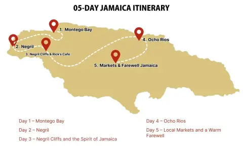 Mapa Jamajki z trasą 5-dniową: Montego Bay, Negril, Ocho Rios. Poznaj, gdzie leży Jamajka i jej atrakcje.