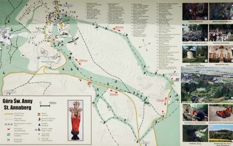 Mapa turystyczna Góry Świętej Anny z zaznaczonymi szlakami, kaplicami i zabytkami.
