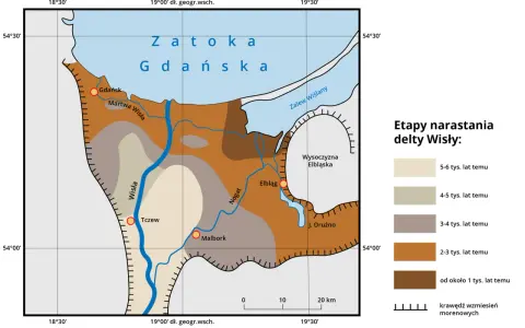 Mapa przedstawia etapy narastania delty Wisły, ukazując rozwój Żuław Wiślanych na przestrzeni tysięcy lat.