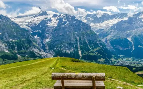 Ławka na tle majestatycznych gór w Grindelwald. Zielone wzgórza i skaliste szczyty tworzą zapierający dech w piersiach krajobraz.