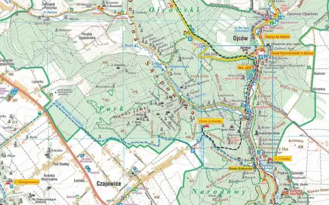 Mapa turystyczna Ojcowski Park Narodowy. Gdzie zacząć? Szlak Warowni Jurajskich, Grota Łokietka, Zamek Kazimierzowski.