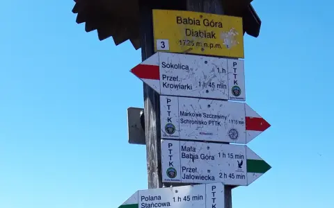 Rozdroże szlaków na Babiej Górze. Widać drogowskazy na Diablak, Sokolicę, Markowe Szczawiny i Małą Babią Górę. To może być najłatwiejszy szlak na Babią Górę.