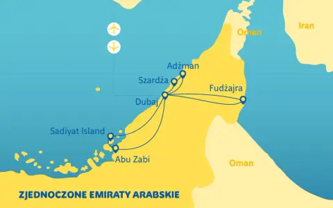 Mapa Zjednoczonych Emiratów Arabskich z zaznaczonym Dubajem, Szardżą, Adżmanem, Fudżajrą, Abu Zabi i wyspą Sadiyat. Pokazuje trasy podróży między tymi miejscami.